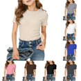 thumbnail image 1 of Gunia Little Girls T Shirt Stylish Short Sleeve Summer Slim Fit Crew Neck Tops Ribbed Knit Tees Tops Basic Clothes For Kids 5-14Y T-Shirts Beige 5-6 Years, 1 of 4
