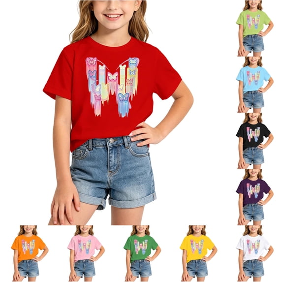 Gunia Little Girls T Shirts Cute Butterfly Graphic Short Sleeve Fashionable Casual Summer Stylish Everyday Tee Soft Blend Shirts For Kids Tops Red 6-8 Years