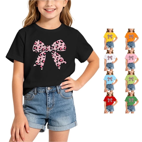 Gunia Little Girls T Shirts Cute Heart Graphic Kids Summer Short Sleeve Cartoon Printed Casual Tee Shirts Tops Black 6-8 Years