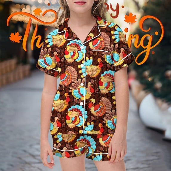 Gunia Little Girls Thanksgiving Pajamas Silk Satin Turkey Short Sleeve Button Down Top And Shorts 2 Piece Fall Pjs Loungewear