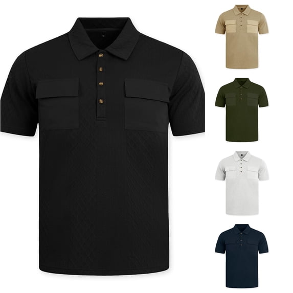 Gunia Mens T Shirt Double Pocket Button Down Short Sleeve Shirt Summer Casual Business Top Loose Fit Tshirts Black L