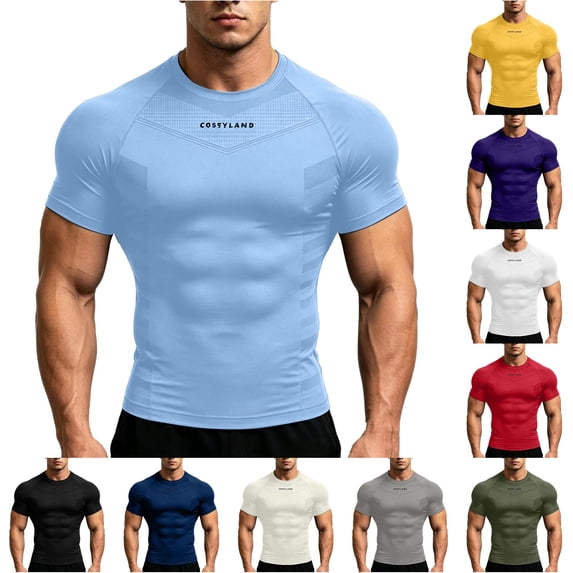 Gunia Mens Workout Gym Shirts Quick Dry Breathable Graphic Sleeves Tee Quick Dry Wicking Short Sleeve Topfitness Training Tees For Running Athletic Sport Men'S Shirts Light Blue L