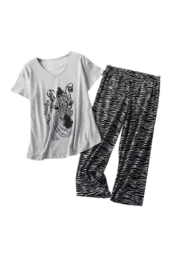 Pajamas For Women Set Cotton Short Sleeve Top Capri Pants Plus Sleepwear Dark Gray Xl