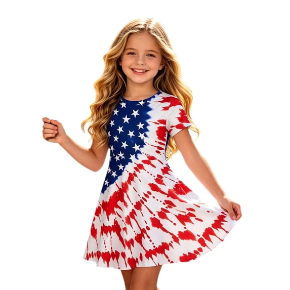 Gunia Patriotic Dress For Girls Child Star Red White Blue Print Short Sleeve Crew Neck Dresses Breathable Leisure Teen Youth Girls Fourth Of July Festival Dress Red Size 8-9 Years