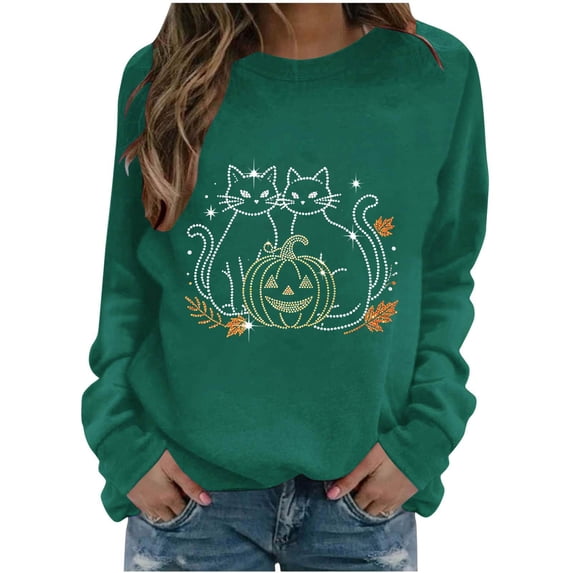 Gunia Plus Size Pumpkin Halloween Sweatshirt For Women Cat Graphic Sweatshirt Round Neck Long Sleeve Pullover Tops Casual Fall Fashion Trendy Clothes Dark Green S-3Xl