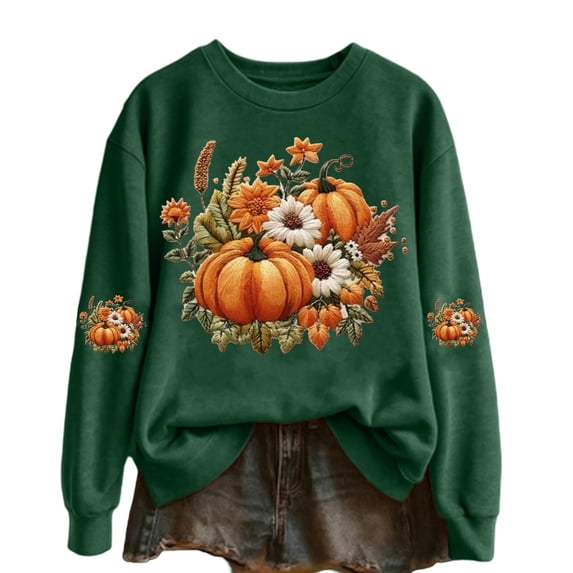 Gunia Plus Size Pumpkin Women'S Halloween Sweatshirts Hoodless Sweatshirt Casual Wear Round Neck Long Sleeve Pullover Cozy Stylish Tops Fall Fashion Clothes Dark Green S-3Xl