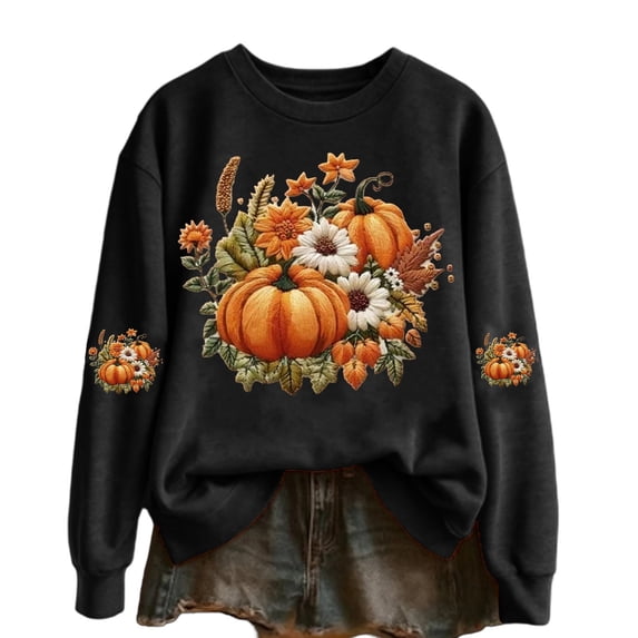 Gunia Plus Size Pumpkin Women'S Halloween Sweatshirts Hoodless Sweatshirt Casual Wear Round Neck Long Sleeve Pullover Cozy Stylish Tops Fall Fashion Clothes Black S-3Xl