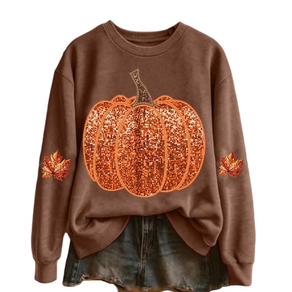 Gunia Plus Size Pumpkin Womens Halloween Sweatshirt Sweatshirt Round Neck Long Sleeve Sweatshirts Casual Fall Fashion Pullover Tops Sweater Trendy Clothes Coffee S-3Xl