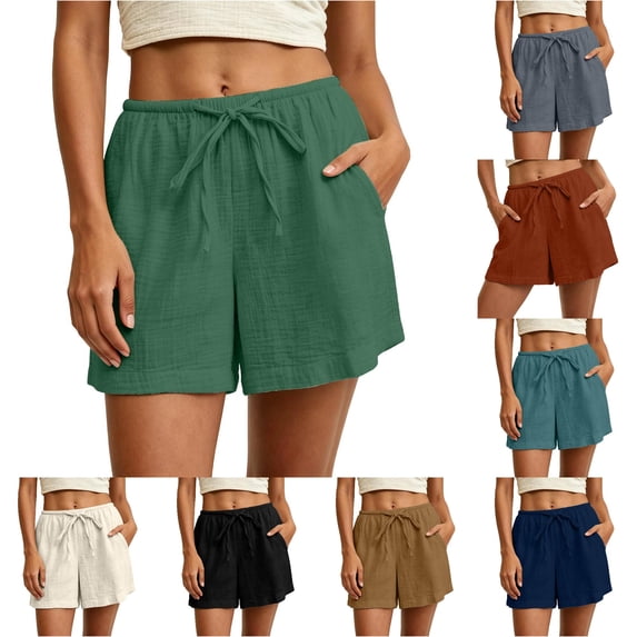 Gunia Plus Size Summer Linen Shorts Women Casual Double Layer Crepe Shorts Loose Fit Elastic Waist Breathable Lightweight With Pockets And Drawstring Holiday Shorts Green Xl
