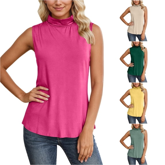 Gunia Plus Size Summer Tank Tops For Women Ribbed High Neck Sleeveless Stretch Soft Comfort Fit Casual Wear Solid Color Basic Shirt Camisole Tops For Women Pink