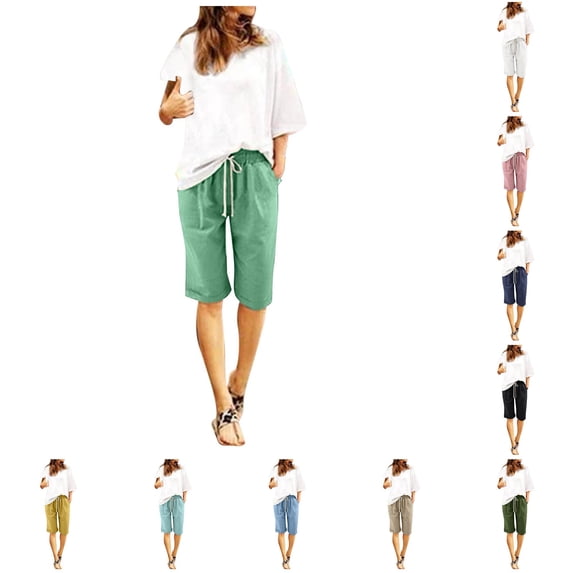 Gunia Plus Size Women Bermuda Shorts Cotton Pants Plus Size High Waisted Shorts Lacing Beach Workout Pocket Shorts With Pockets And Drawstring Summer Shorts Green 8Xl
