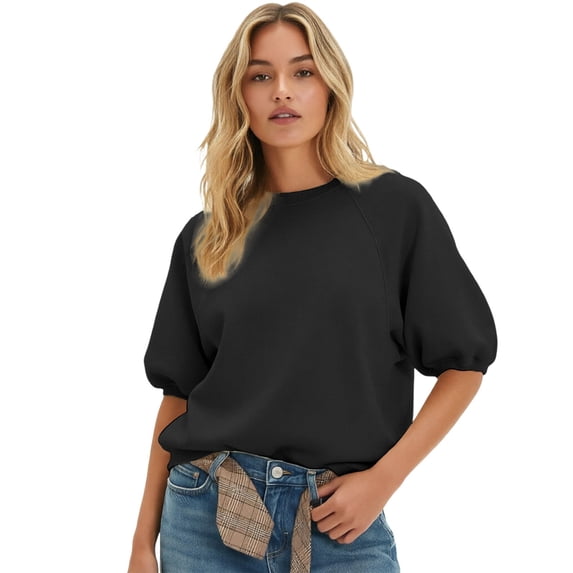 Gunia Plus Size Women'S Sweatshirt Elegant Half Sleeve Hoodless Sweatshirt Comfort Versatility Pullover Tops Fall Fashion Clothes Black S-3Xl