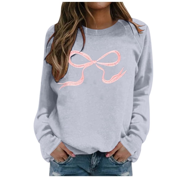 Gunia Plus Size Women'S Sweatshirt Round Neck Cute Bow Graphic Sweatshirt Long Sleeved Pullover Sweater Bow Sweater Tops Fall Fashion Clothes Grey S-3Xl
