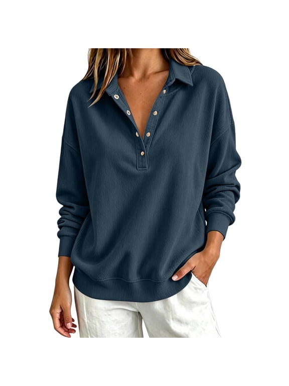 Plus Size Women'S Sweatshirts Casual Button Down Corduroy Long Sleeve Sweatshirt Relaxed Fit Sweatshirt With Structured Collar Pullover Tops Fall Fashion Clothes Dark Green S-3Xl