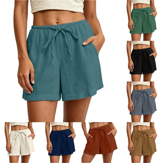 Gunia Plus Size Women Summer Linen Shorts Casual Double Layer Crepe Shorts Loose Fit Elastic Waist Breathable Lightweight With Pockets And Drawstring Beach Shorts Blue M