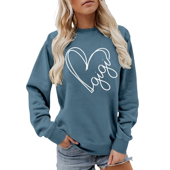 Gunia Plus Size Women Sweatshirt Long Sleeve Graphic Heart Printed Sweatshirt Relaxed Fit Tops For Casual Everyday Wear Pullover Tops Fall Fashion Clothes Blue S-3Xl