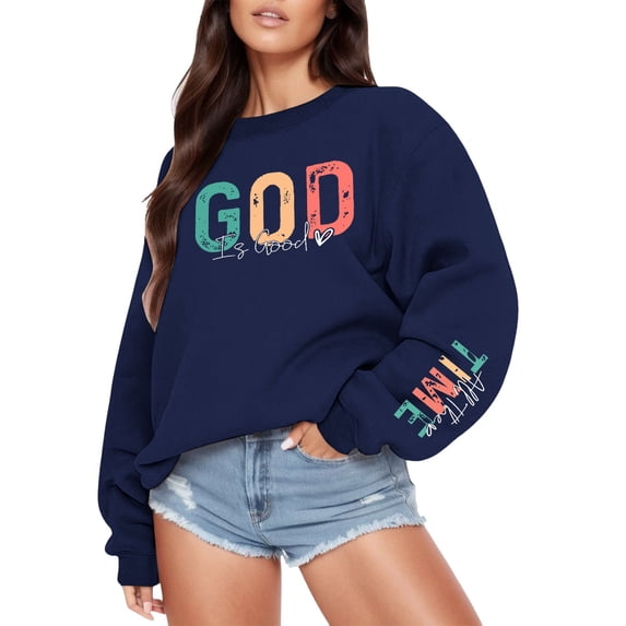 Gunia Plus Size Womens Sweatshirts Fashion Jesus Print Sweatshirt Casual Loose Fit Pullover Top Hoodless Crewneck Long Sleeve Shirt Fall Trendy Clothes Navy S-3Xl