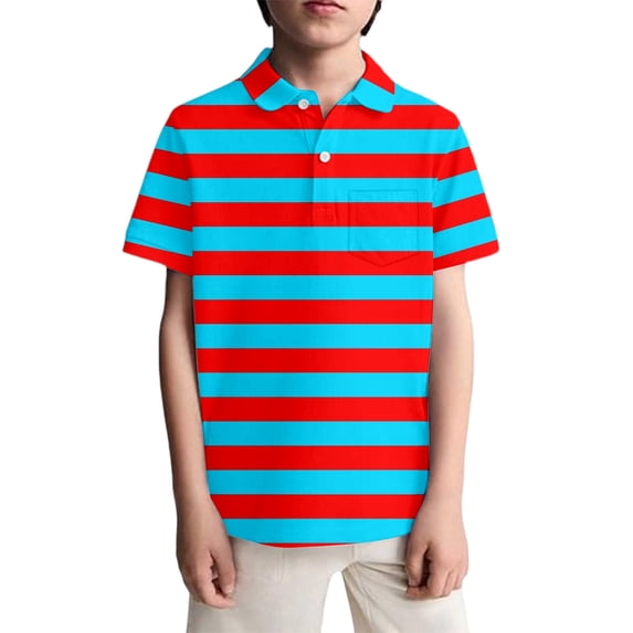 Gunia Polo Shirts for Boys Striped Polka Print Short Sleeve Shirt Chest Pocket Casual Playwear Top Toddler Youth Summer 3-14 Years