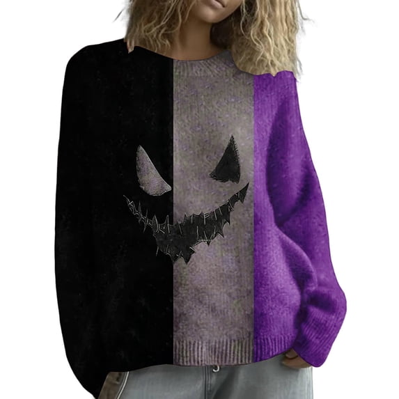 Gunia Pumpkin Sweaters for Women Retro Knit Tops Pullover Fall Winter Sweater Cozy Funny Graphic Casual Crewneck Purple Fashion Halloween Sweater,Size S-Xl