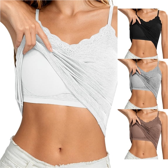 Gunia Ribbed Built In Bra Spaghetti Strap White Cami Tank Top Women Elegant Lace Trim With Built In Bra Back Everyday Wear Tank Top Women Camisole Plus Size