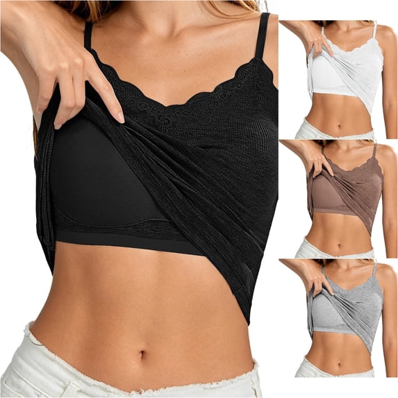 Gunia Ribbed Built In Bra Spaghetti Strap Womens Tank Tops Elegant Lace Trim With Built In Bra Back Everyday Wear Cami Tops For Women Black
