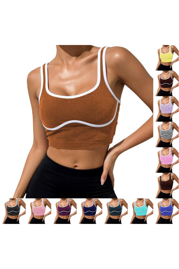 Ribbed Spaghetti Strap Summer Tank Tops For Women Breathable Wireless Athletic Stretchy Jogging Yoga Supportive Activewear Running Fitness Training Womens Camisole Tank Tops Brown
