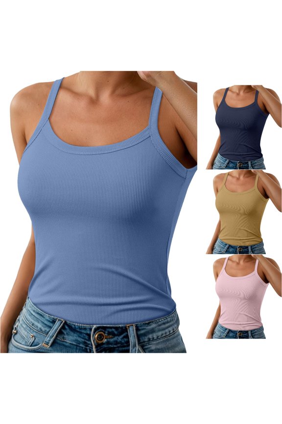 Ribbed Spaghetti Strap Women Tank Top Casual Camisole Basic Solid Sleeveless Undershirt For Spring Summer Comfortable Layering Womens Camisole Tank Tops Blue Plus Size
