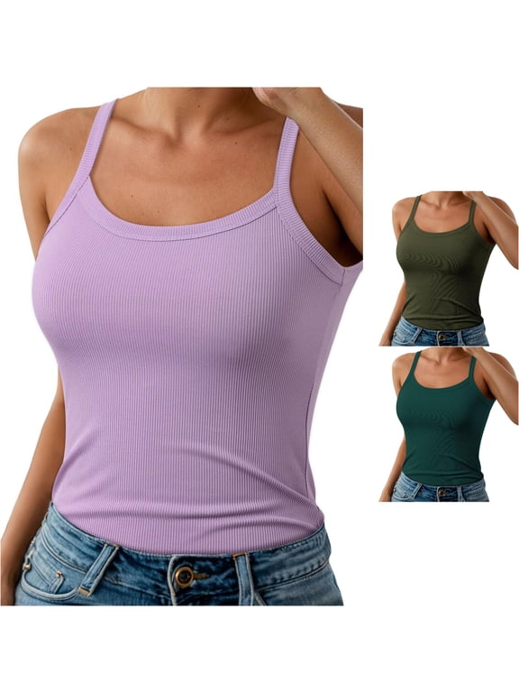 Ribbed Spaghetti Strap Women Tank Top Slim Fitted Camisole Basic Sleeveless Layering Shirts Cami Tops For Women Light Purple