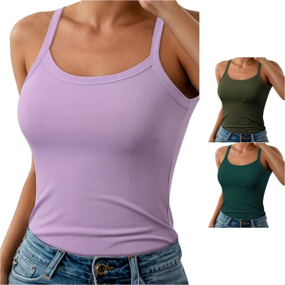 Gunia Ribbed Spaghetti Strap Womens Tank Top Slim Fitted Camisole Basic Sleeveless Layering Shirts Camisole Tops For Women Light Purple