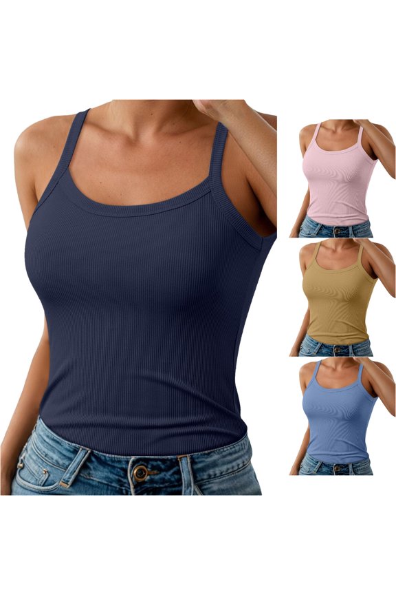 Ribbed Spaghetti Strap Womens Tank Tops Casual Camisole Basic Solid Sleeveless Undershirt For Spring Summer Comfortable Layering Womens Camisole Navy