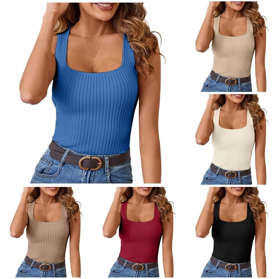 Gunia Ribbed Tank Top For Women Ribbed Summer Scoop Neck Slim Fitted Tops Casual Basic Knit Sleeveless Shirts Womens Camisole Blue