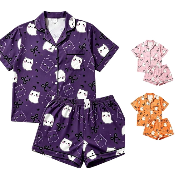 Gunia Soft Pajama Set For Women Halloween Ghost Graphic 2 Piece Cozy Short Sleeve Button Up Tops With Shorts Home Leisure Wear Pjs Jammies Purple M