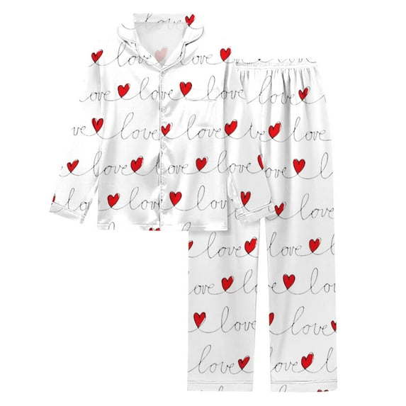 Gunia Soft Pajama Set For Women Heart Shaped Printed Long Sleeved Lapel Comfortable Pjs Homewear