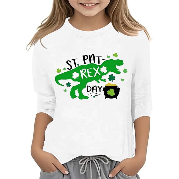 Gunia St Patricks Shirts For Kids Boys Girls 3/4 Sleeve Irish Green Shamrock Clover Funny Graphic Crew Neck Casual Breathable Soft St. Patrick'S Day T-Shirt Kids Tee Tops 3-14 Years White