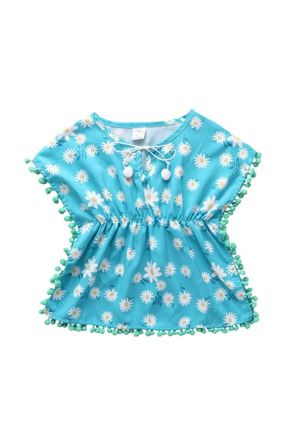 Summer Dresses For Baby Girls Toddler Kids Swimwear Cover Up Leopard Rainbow Tassel Pompom Poncho Rash Guards Swimsuits Bikini Cover Ups For Holiday Beach Blue Dress For Girls 6M-5Y