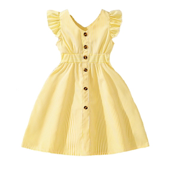 Gunia Summer Dresses For Little Girls Casual Sleeveless A Line Button Down Ruffle Hem Striped Dresses Sundress For Holiday Beach Yellow Dress For Girls 3-7 Years