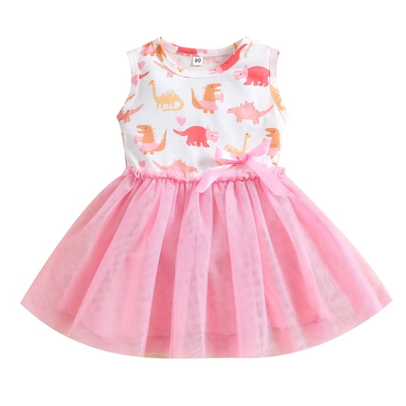 Gunia Summer Dresses For Toddler Girls Baby Kids Sleeveless Dinosaur Bow Tulle Patchwork Princess Dresses Sundress For Holiday Beach Pink Dress For Girls 1-6 Years