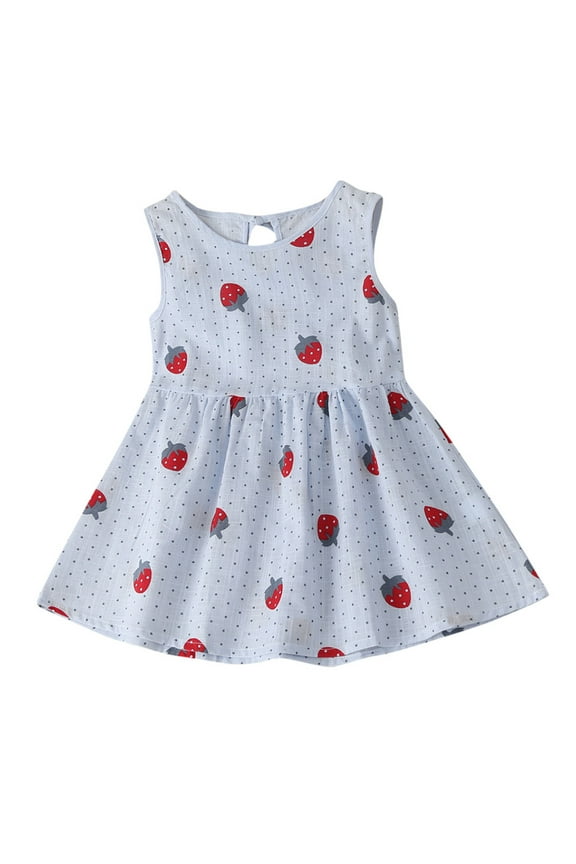 Summer Dresses For Toddler Girls Sleeveless Princess Kids Strawberry Clothes Baby Cartoon Skirt Sundress For Holiday Beach Light Blue Dress For Girls 1-5 Years