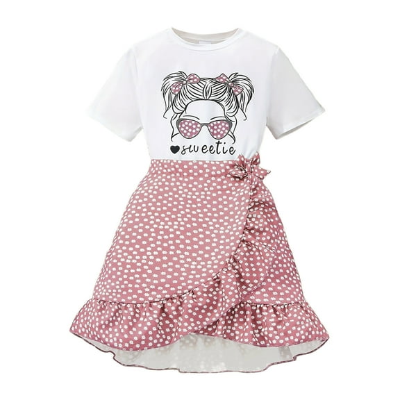 Gunia Summer Outfits For Girls,Children Short Sleeve Cartoon Prints Bowknot T Shirt Tops Skirts Suit Fashion Girl Clothes Set,9-10 Years