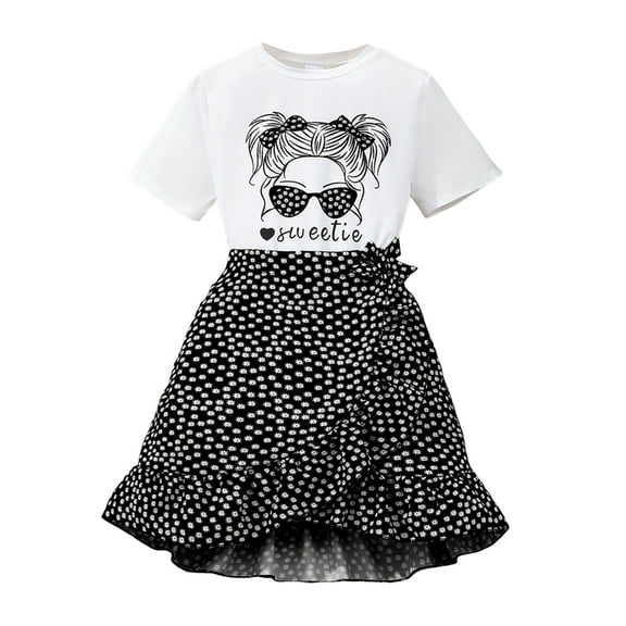 Gunia Summer Outfits For Girls,Children Short Sleeve Cartoon Prints Bowknot T Shirt Tops Skirts Suit Lovely Girl Clothes Set,9-10 Years