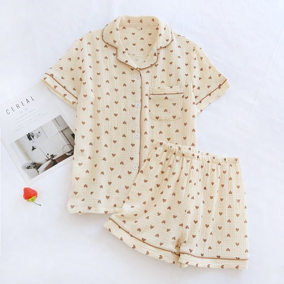 Gunia Summer Pajamas For Women Set Cotton Crepe Summer Thin Soft Lapel Short Sleeved Shorts Loving Home Wear Pajamas Set Sleepwear Pjs M-Xl