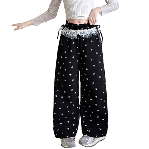 Gunia Sweatpants For Girls Bowknot Baggy Wide Leg Pants Drawstring Elastic Solid Color Casual Joggers 4 12 Years Athletic Pants With Pockets 4-12 Years