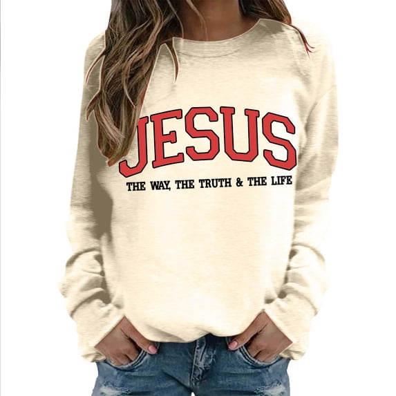 Gunia Sweatshirt Women Jesus Printed Round Neck Long Sleeved Sportswear Pullover Tops Sweatshirt Fall Fashion Clothes Beige S-2Xl