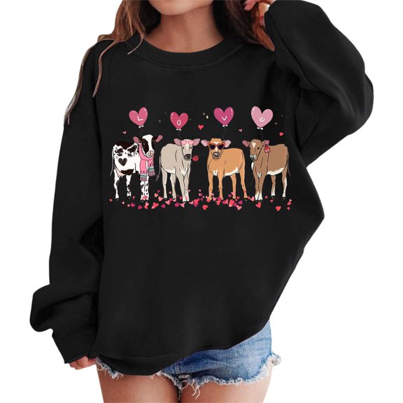 Gunia Sweatshirts For Teen Girls Casual Cattle Printed Crewneck Hoodless Long Sleeve Top Valentine'S Day 8-9 Years
