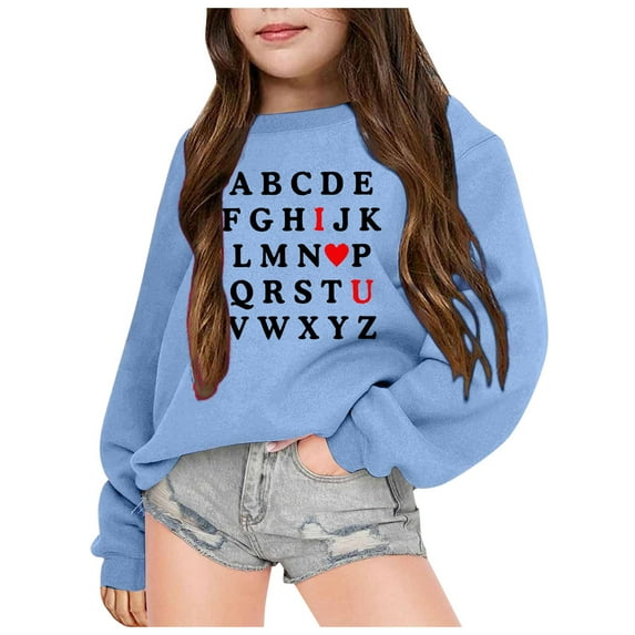 Gunia Sweatshirts For Teen Girls Children I Love U Printed Long Sleeved Printed Crewneck Top Valentine'S Day 8-9 Years