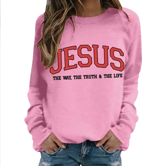 Gunia Sweatshirts For Women Jesus Printed Round Neck Long Sleeved Sportswear Pullover Tops Sweatshirt Fall Fashion Clothes Pink S-2Xl