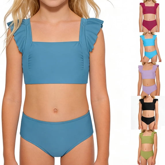 Gunia Swim Suits For Teens Girls Two Piece Square Neck Ruffle Trim Solid Color Bathing With Flounce Girls' Swimwear For Holiday Beach Pool 7-16 Years