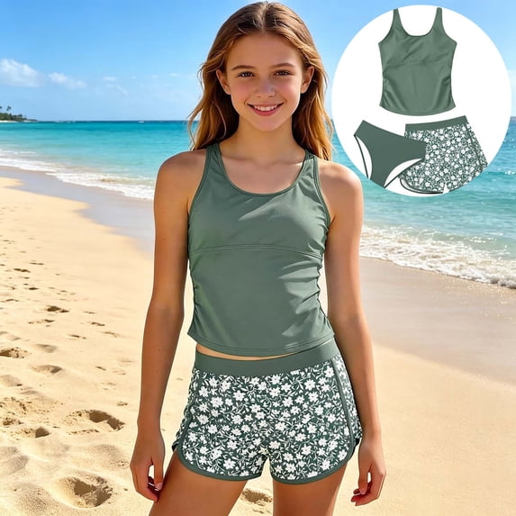 Gunia Swimsuit For Teen Girls 3 Piece Swimming Separate Style Patterned Beach Split Swimsuit Large Sized Bathing Suit 15-16 Years