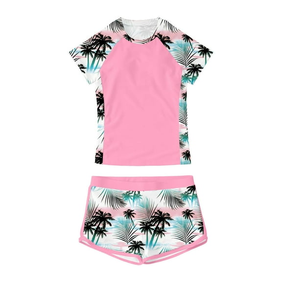 Gunia Swimsuit for Girls Two Piece Set Summer Beach Pool Outfit Floral Print Round Neck Bikini Top With Shorts Teen Girls Swimwear Seaside Pink 8-9 Years