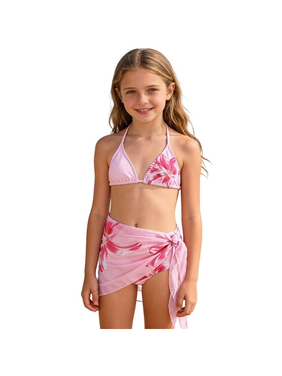 Swimsuits For Girls Floral Print Bikini With Wrap Skout Big Kids Two Piece Tankini Bathing Suit Girls' Swimwear For Holiday Beach Pool 7-16 Years